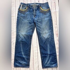Mens Blue Denim PARISH Jeans Size 40 Gold Embroidered Design Wide Leg Pants Vint